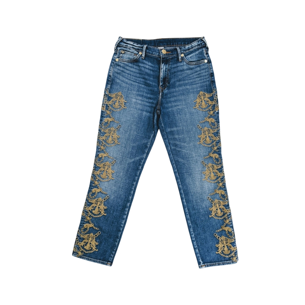 True Religion Blue and Gold Cropped Jeans with Floral Embroidery